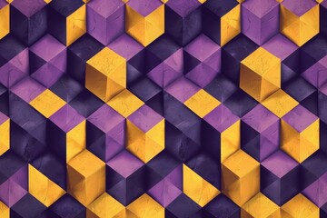 Poster - Geometric pattern with purple and yellow 3D cubes. Modern design for backgrounds and graphic art. Background image of glowing yellow geometric shape with purple background. Contemporary design. AIG51.