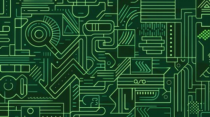 Poster - Green and yellow digital grid with glowing lines. Futuristic technology background for design and innovation. Digital artwork of glowing light electric circuit or motherboard with green color. AIG51.