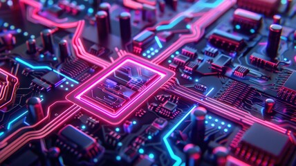 Poster - Close up of a circuit board with neon lights. Macro photography of motherboard or microchip or electrical circuit with gradient pink and purple glowing neon light. Digital artwork for design. AIG53.