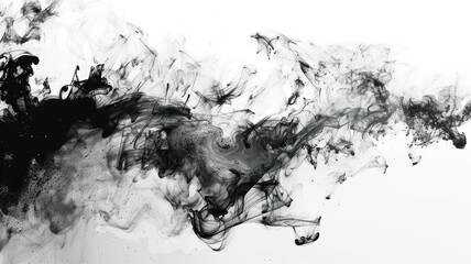 Poster - Abstract black ink swirls on a white background. Digital art for design of black ink chinese brushstroke floating in transparent liquid. Close up black ink splashing and spreading at surface. AIG53.