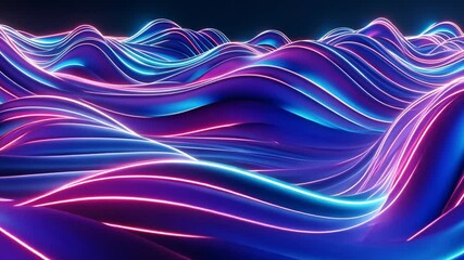 Poster - vibrant digital landscape of smooth curves and flowing waves in neon colors, blending shades of blue