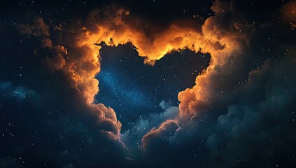 heart-shaped nebula in fiery orange and dark blue clouds.