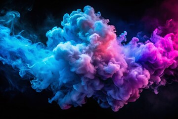 Poster - Neon Blue Purple Multicolored Smoke Puffs Cloud Design Elements Dark Background Stock Photo