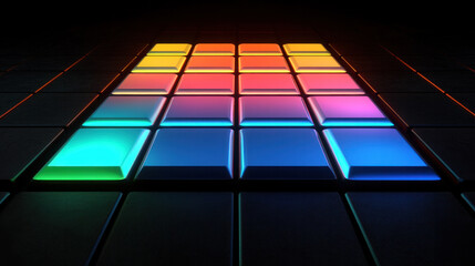 Poster - A colorful image of a lighted keyboard with a black background. Concept of energy and excitement, as the bright colors and glowing lights create a dynamic and lively atmosphere
