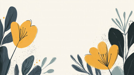 Poster - A drawing of two yellow flowers with green leaves. The flowers are in the center of the image and the leaves are on the left and right sides. The background is white