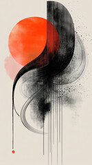 Poster - A painting of a black and orange circle with a black line in the middle. The painting has a sense of movement and energy, with the black