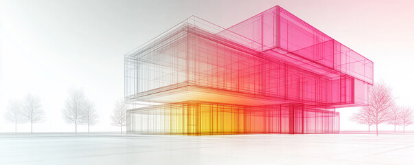 Poster - A building with a pink and orange background. The building is a large, modern structure with many windows. The colors of the building and the background create a sense of vibrancy and energy
