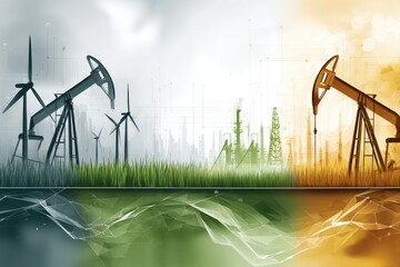 Poster - Conceptual Representation of Green Energy and Petroleum Coexistence Highlighting Future Possibilities in a Split-Screen Design