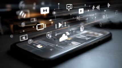 Fototapete - Digital Content Streaming From Smartphone Highlights Various Multimedia Elements in a Modern Tech Setting