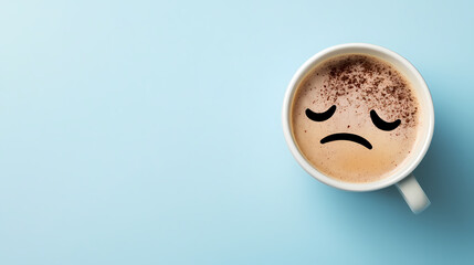 Wall Mural - sad coffee cup with drawn sad face and black pen on light blue background top view. draconian apex. 