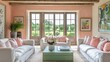 © JIALU - Bright and airy country manor house in England with large windows, light pink walls, white furniture, green coffee table, and vibrant artwork.