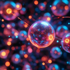 Fototapete - An abstract digital art showing glowing spheres connected in a network. Vivid colors and futuristic aesthetic. Futuristic Technology Backgrounds Abstract Network of Glowing Spheres