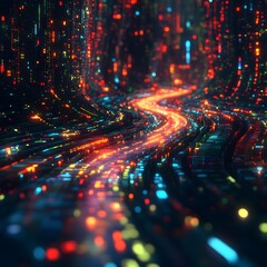 Aufkleber - A vibrant digital artwork depicting a flowing river of light, representing data streams and futuristic technology. Futuristic Technology Backgrounds Digital River of Light: Abstract Cyber Data Stream