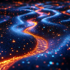 Poster - A digital artwork depicting a cosmic river of glowing light. The colors are vibrant and the texture is mesmerizing. Futuristic Technology Backgrounds Abstract Digital Glowing Pathways of Data