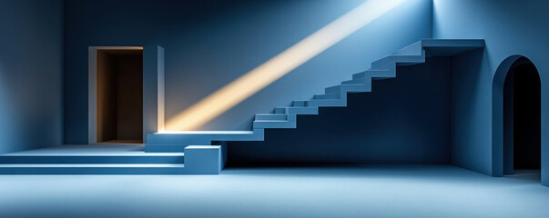 Poster - A blue room with a staircase and a door. The staircase is made of blue tiles and the door is open. The room is dimly lit, with a single light shining on the staircase