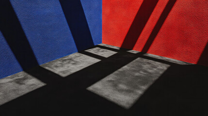 Poster - A room with a blue wall and a red wall. The room is empty and has a very dark atmosphere