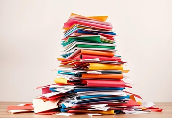Wall Mural - A chaotic tower of vibrant file folders and papers spills precariously, leaving ample negative space, overwhelmed, project