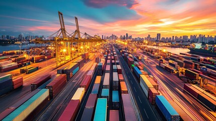 Poster - Container cargo loading operations at port cityscape during sunset aerial view industrial environment