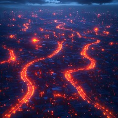 Aufkleber - Aerial shot of a city at night, roads glowing with red lights. Futuristic Technology Backgrounds Abstract Digital Network Landscape Pathways of Data Streams