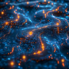Leinwandbilder - A vibrant digital landscape with glowing lines and nodes. Represents a futuristic network or data flow. Futuristic Technology Backgrounds Abstract Digital Network Landscape