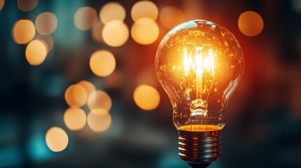 Poster - Illuminating ideas a glowing light bulb in a bokeh background indoor setting creative concept artistic view
