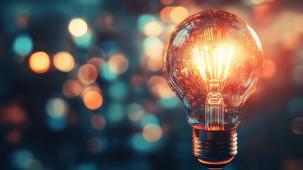 Poster - Innovative light bulb glowing against a colorful bokeh background technology image bright environment close-up inspiration