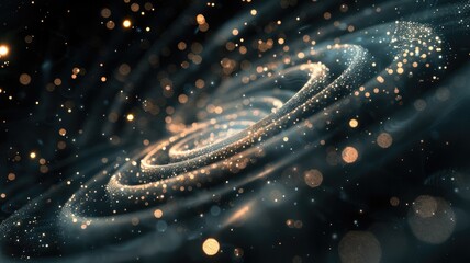 Poster - Sparse with spiraling trail of particles glowing dots setting against dark background in depth and motion. The dynamic visual effect mesmerizing and captivating with orange blue atmosphere. AIG53.