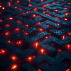 Leinwandbilder - A mesmerizing digital maze with glowing red lights against a dark blue background. Abstract art representing challenge and complexity Futuristic Neon Digital Circuitry Mage Technology Backgrounds