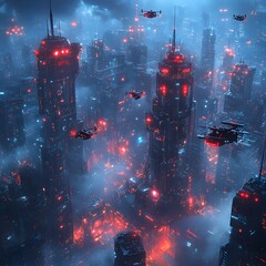 Aufkleber - A futuristic city at night, illuminated by neon lights and flying vehicles. Futuristic Cityscape Technology Backgrounds