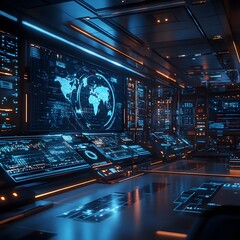 Leinwandbilder - Image depicting a futuristic control center with advanced technology and global network monitoring systems. Cyberpunk aesthetic. Futuristic Control Room Technology Backgrounds