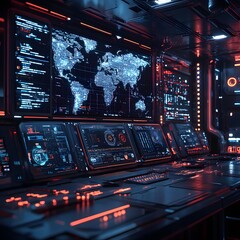 Leinwandbilder - Futuristic control room with global network monitoring displays. Red and blue lighting enhance the tech feel. Futuristic Technology Backgrounds Global Network Monitoring Station