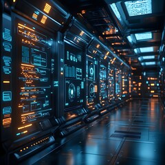 Leinwandbilder - A long corridor in a spaceship, filled with glowing screens displaying futuristic technology. The scene is dark, with neon blue and orange accents. Futuristic Technology Backgrounds