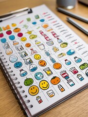 Aufkleber - Colorful Calendar Showcasing Healthy Habit Stickers and Smiley Faces for Tracking Wellness Throughout the Month