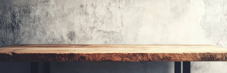 Poster - A rustic wooden table showcases natural grain patterns, set against a textured grey concrete wall, perfect for minimalist interior design and decor aesthetics.