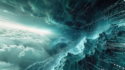Poster - This abstract digital artwork portrays a stunning cybernetic landscape, blending ethereal clouds with dynamic data visuals, creating a surreal and immersive experience in cyberspace.