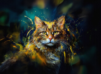 Aufkleber - A fluffy, golden-brown cat with expressive eyes gazes directly. Painterly style with blurred, dark background and bright highlights. Majestic feline portrait.