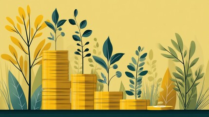 Poster - Growing Financial Investments With Increasing Money Accounts Represented by Stacking Coins and Plants in a Vibrant Background