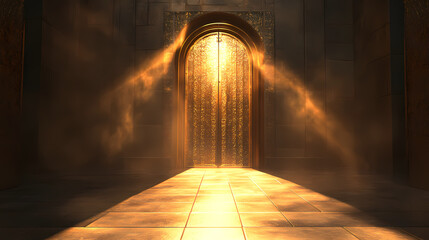 Wall Mural - golden vault door 3d render, open door, light rays, security, treasure security, vault. obsidian vau