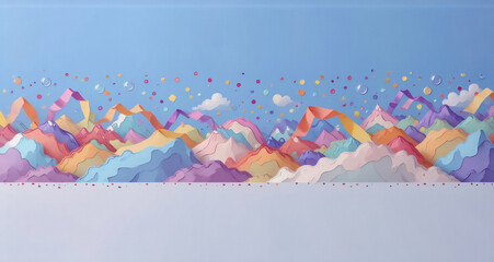 Poster - A vibrant, colorful landscape featuring stylized mountains in a range of pastels, topped with confetti and clouds. The scene evokes a whimsical, playful feel.