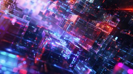 Poster - A vibrant and complex digital landscape showcasing futuristic crystalline structures within cyberspace, filled with colorful light reflections and abstract patterns.