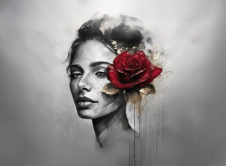Aufkleber - A stylized, grayscale portrait featuring a woman with a large, crimson rose. Hints of gold leaf accent the delicate skin and dark hair. The backdrop is soft, creating a dreamy, romantic atmosphere.