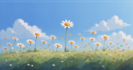 Poster - A serene illustration of a meadow basks under a bright, blue sky with fluffy clouds. Daisies, with their white petals and yellow centers, dot the grassy hill, evoking a sense of peace.