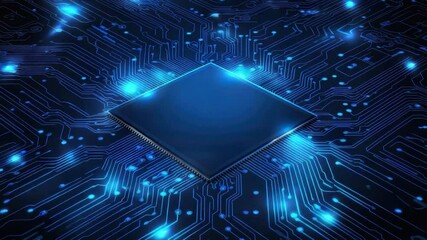Poster - Modern Microchip on Dark Circuit Board with Blue Light Effects