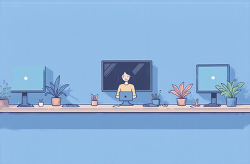 Poster - A minimalist illustration depicts a serene workspace. An avatar sits at a desk amidst potted plants and monitors, creating a calm and productive atmosphere.  The blue color palette enhances the tranqu