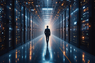 Fototapete - A person walks through a futuristic data center, reflecting lights and technology in a long, hallway-like space. The image hints at digital infrastructure, processing power, and advanced technological