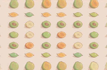 Poster - A repeating pattern of halved citrus fruits and avocados forms a vibrant, minimalist avatar.  The pastel color palette and simple design create a calming aesthetic.