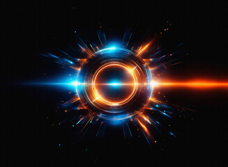 Poster - A glowing, energetic circle with radiating light bursts of blue and orange. The circular element creates a vibrant effect against the dark backdrop, suggesting a burst of energy.