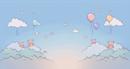 Aufkleber - A whimsical cartoon scene filled with a pastel sky, fluffy clouds, floating balloons, stars, and teddy bears. The gentle colors create a soft and dreamy atmosphere. Hints of fun and light-heartedness 