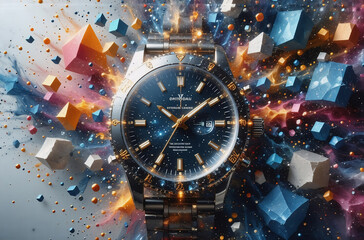 Poster - A wristwatch, sparkling in a vibrant cosmic burst, surrounded by multicolored geometric shapes. Hint: Focus on time, luxury, and a burst of energy.