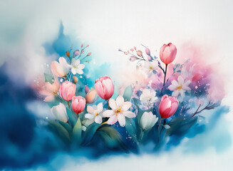 Fototapete - A delicate, watercolor-style floral arrangement. The image hints at fresh blooms with pink and white flowers. A soft blue and pink background emphasizes the natural beauty.